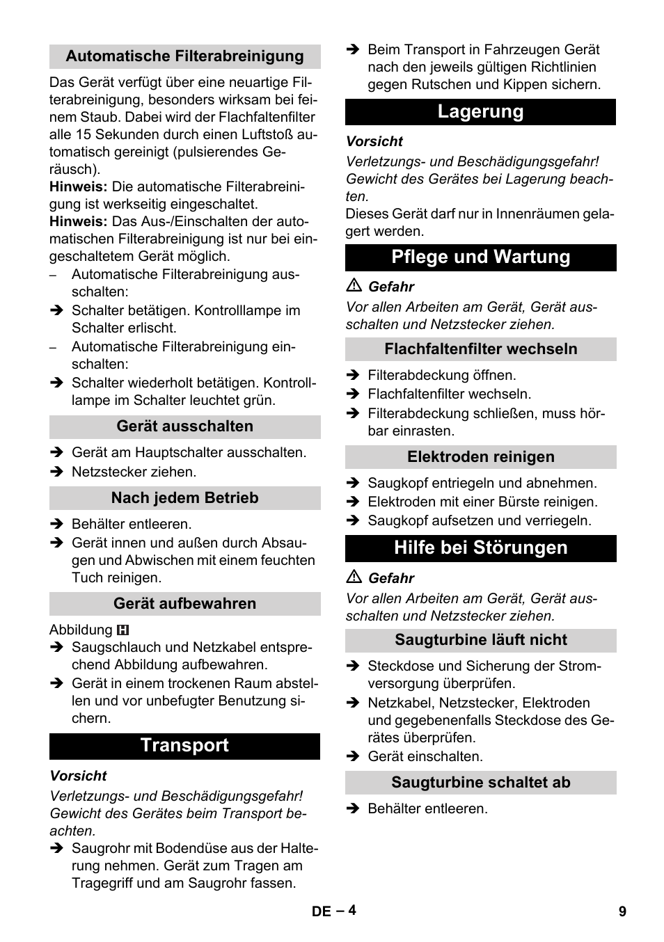 Automatische filterabreinigung, Gerät ausschalten, Nach jedem betrieb | Gerät aufbewahren, Transport, Lagerung, Pflege und wartung, Flachfaltenfilter wechseln, Elektroden reinigen, Hilfe bei störungen | Karcher NT 55-1 Tact Te User Manual | Page 9 / 200