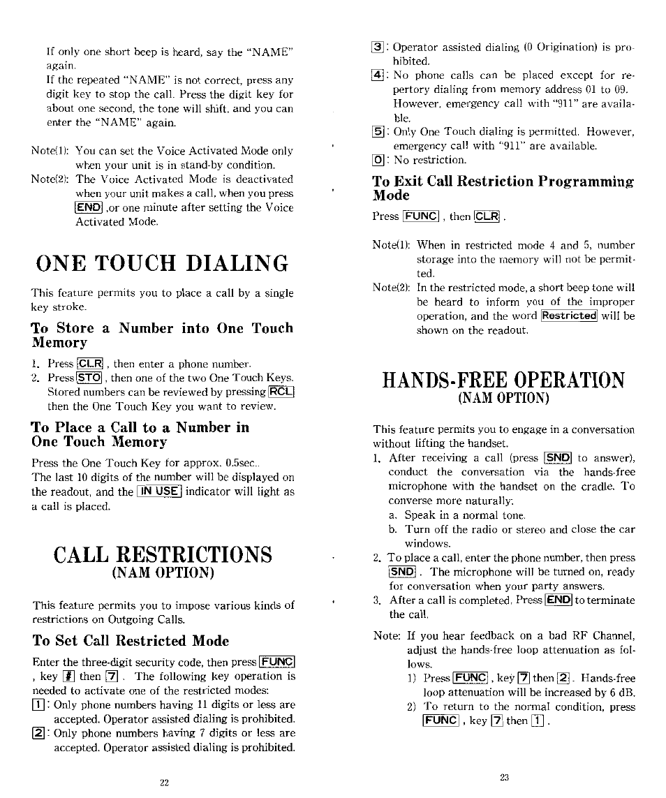 One touch dialing, To store a number into one touch memory, To place a call to a number in one touch memory | Call restrictions, Nam option), To set call restricted mode, To exit call restriction programming mode, Hands-free operation | Audiovox CTX-4200 User Manual | Page 12 / 18