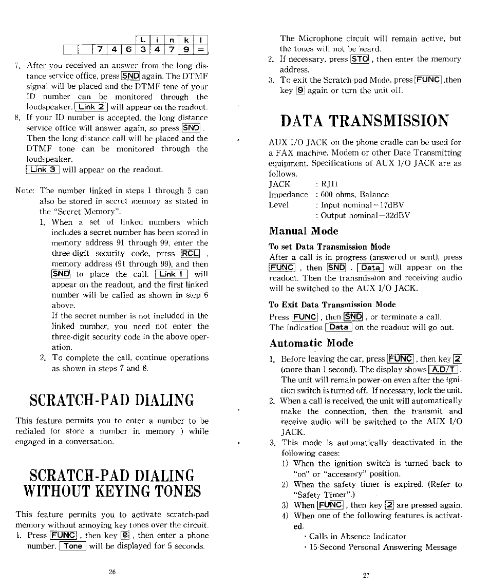 Scratch-pad dialing, Scratch-pad dialing without keying tones, Data transmission | Manual mode, Automatic mode | Audiovox CTX-4200 User Manual | Page 14 / 18