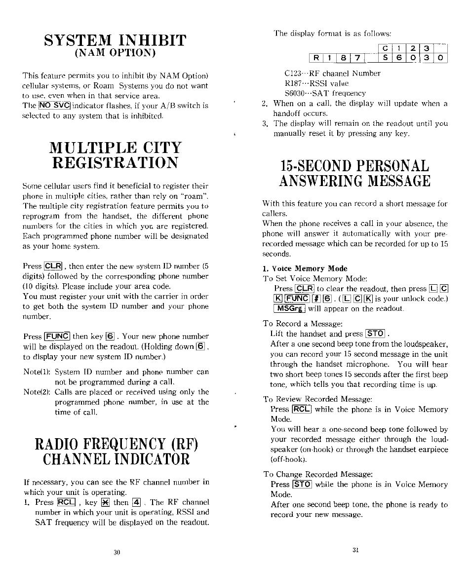 System inhibit, Multiple city registration, Radio frequency (re) channel indicator | Second personal answering message | Audiovox CTX-4200 User Manual | Page 16 / 18