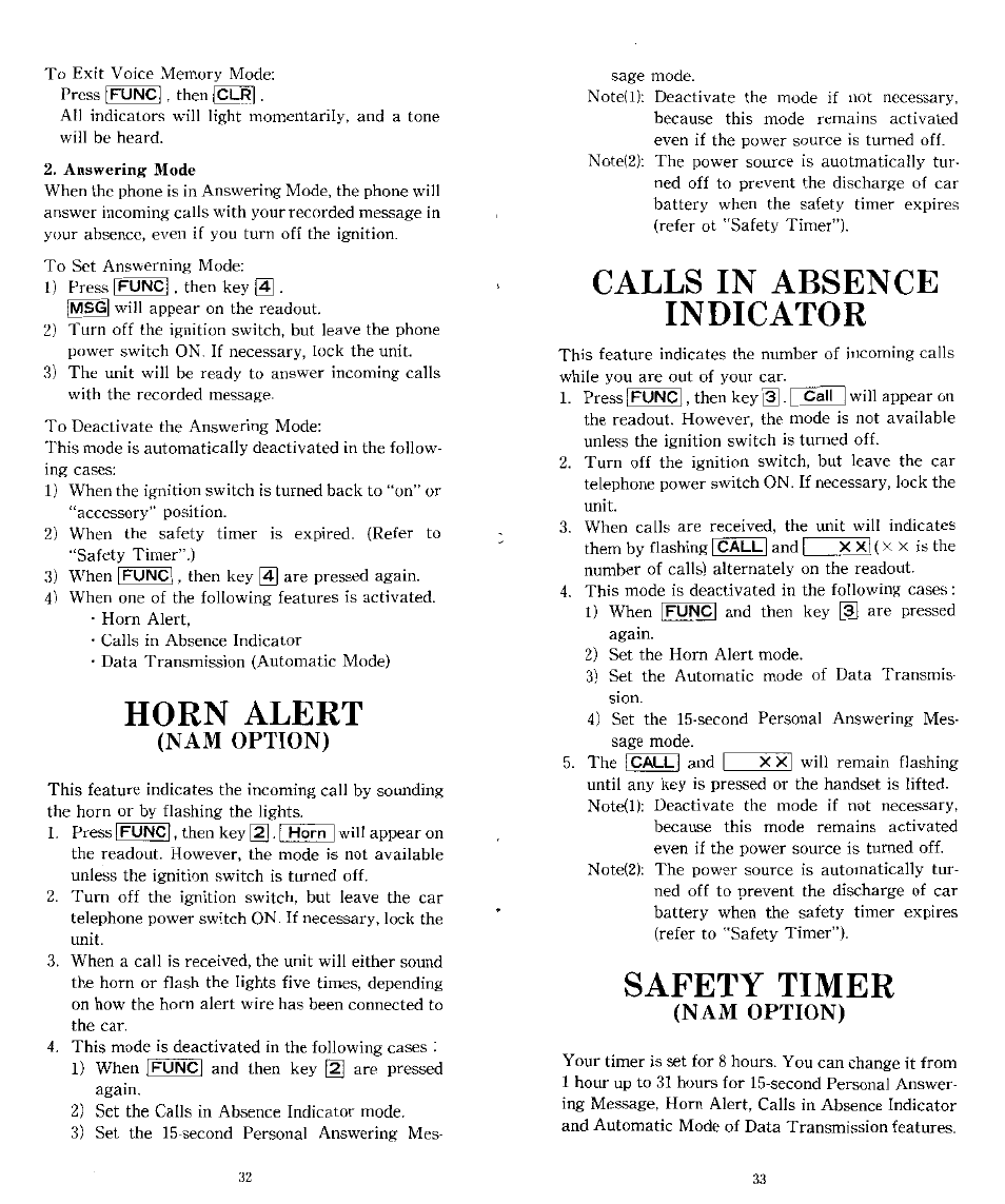 Horn alert, Calls in absence indicator, Safety timer | Audiovox CTX-4200 User Manual | Page 17 / 18