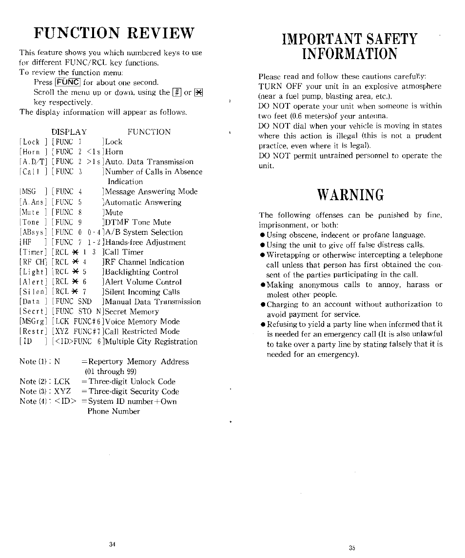 Function review, Important safety information, Warning | Important safety information warning | Audiovox CTX-4200 User Manual | Page 18 / 18