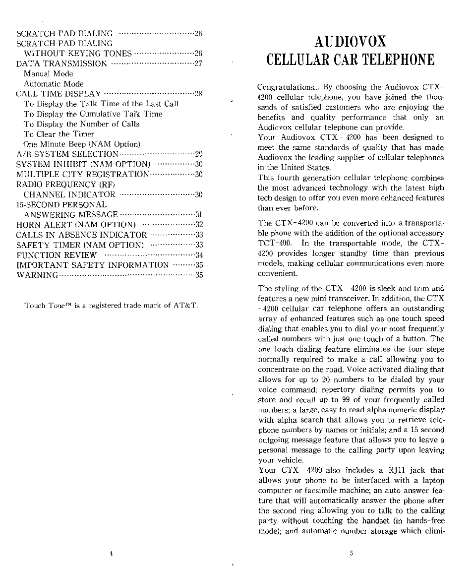 Audiovox, Cellular car telephone, Audiovox cellular car telephone | Audiovox CTX-4200 User Manual | Page 3 / 18