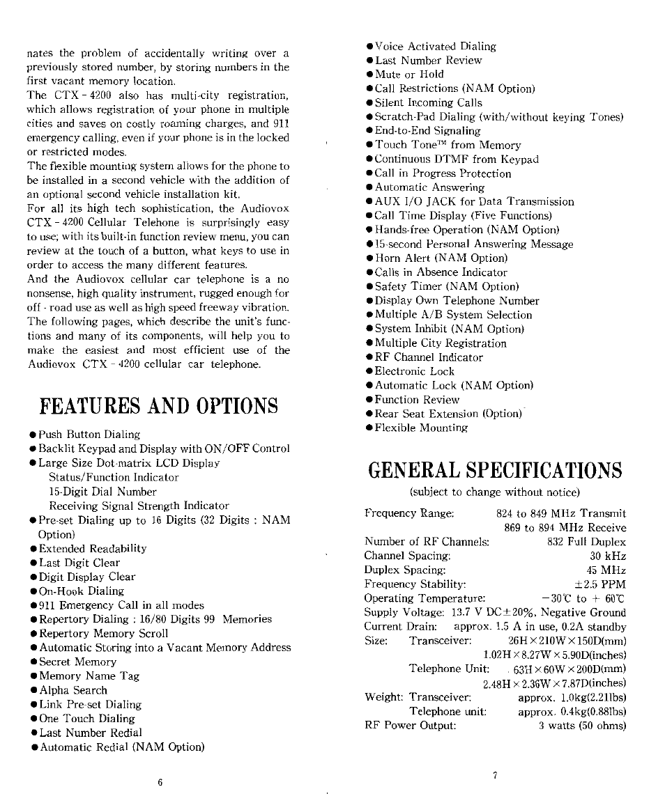 Features and options, General specifications, General specieications | Audiovox CTX-4200 User Manual | Page 4 / 18