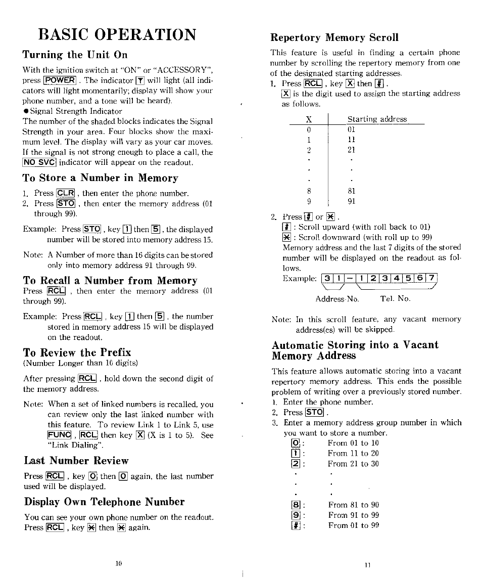 Basic operation, Turning the unit on, To store a number in memory | To recall a number from memory, To review the prefix, Last number review, Display own telephone number, Repertory memory scroll, Automatic storing into a vacant memory address | Audiovox CTX-4200 User Manual | Page 6 / 18