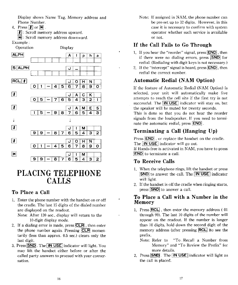 Placing telephone calls, To place a call, If the call fails to go through | Automatic redial (nam option), Terminating a call (hanging up), To receive calls, To place a call with a number in the memory | Audiovox CTX-4200 User Manual | Page 9 / 18