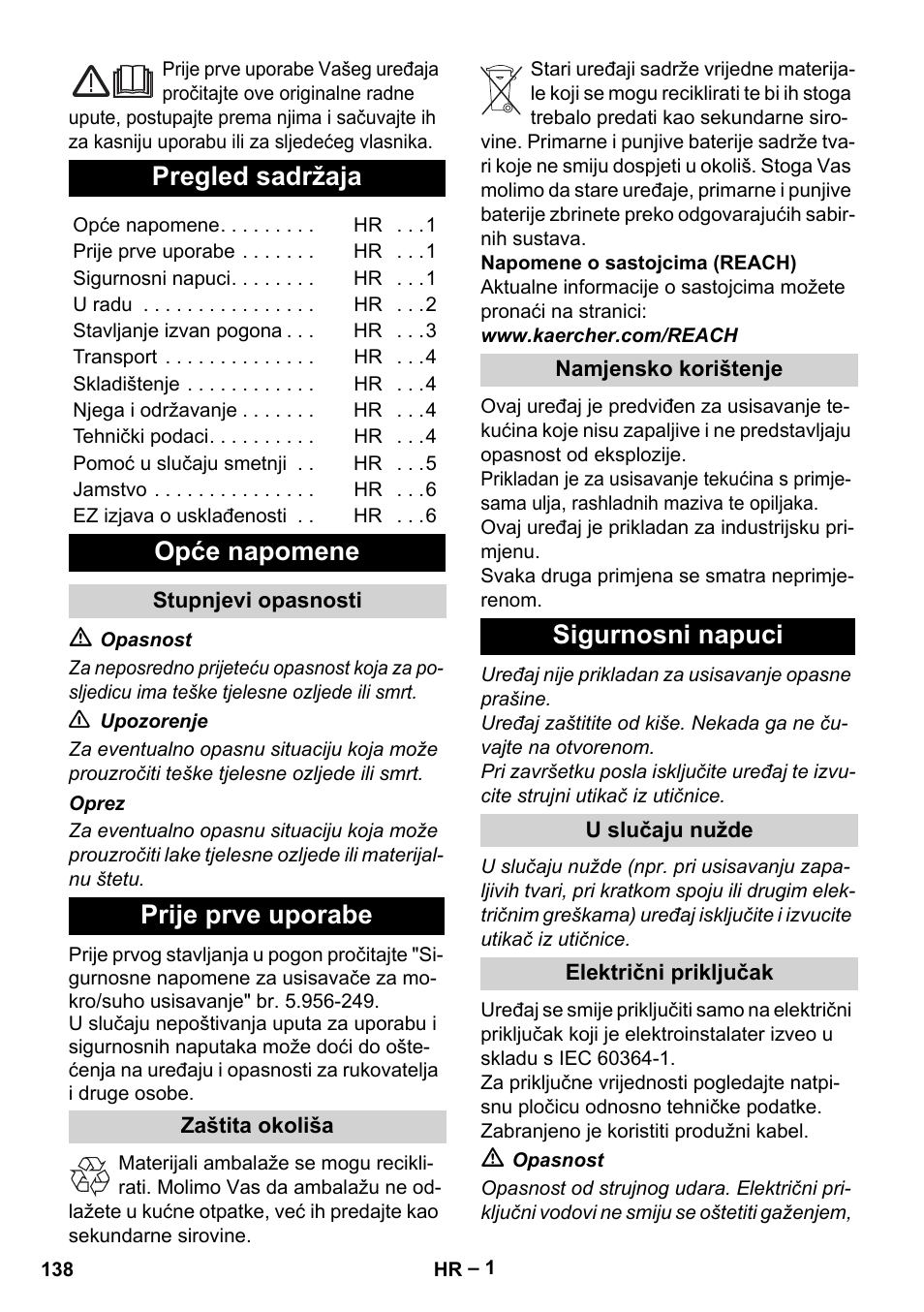 Hrvatski, Pregled sadržaja, Opće napomene | Prije prve uporabe, Sigurnosni napuci | Karcher IVL 50-24-2 User Manual | Page 138 / 192