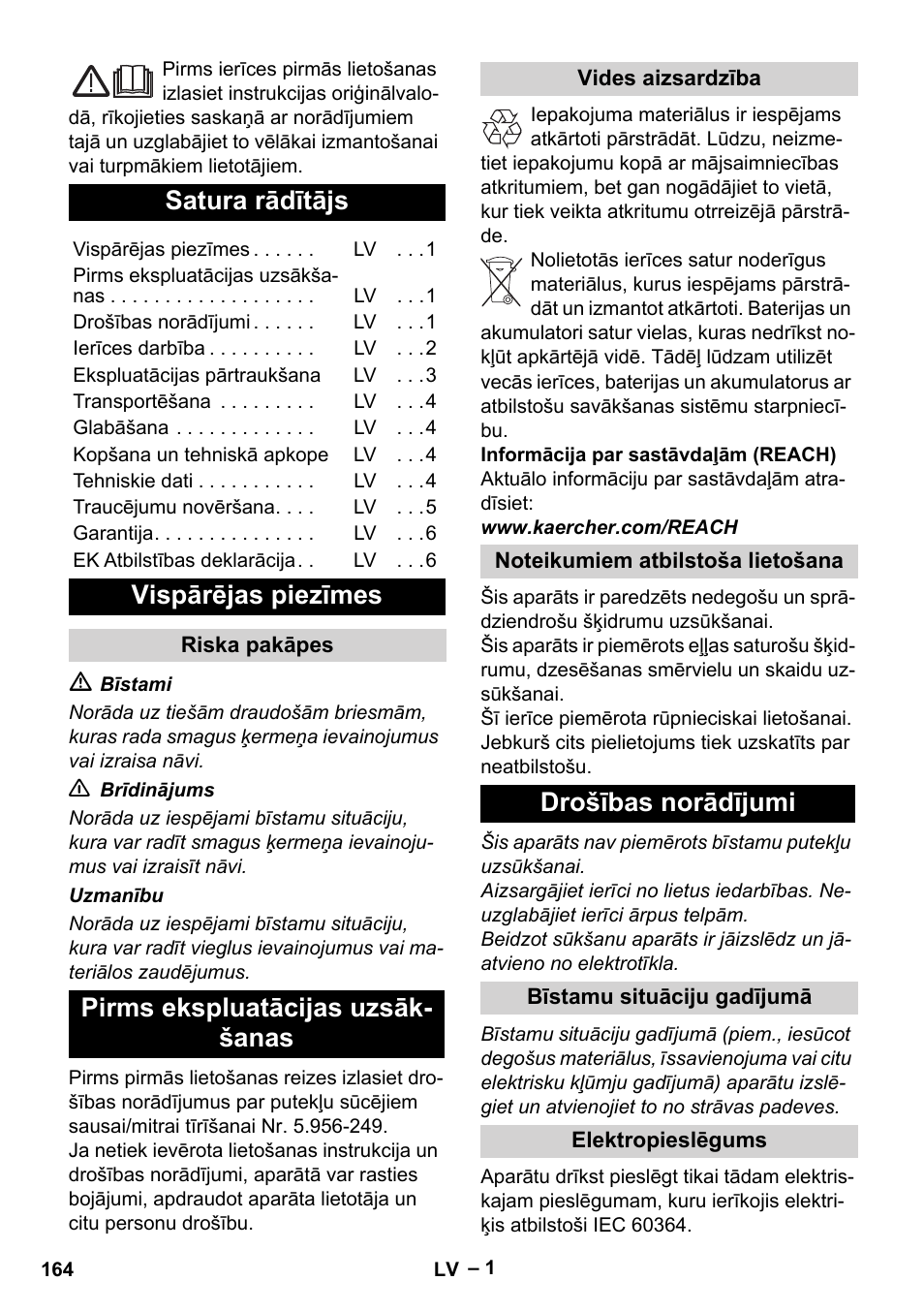 Latviešu, Satura rādītājs, Vispārējas piezīmes | Pirms ekspluatācijas uzsāk- šanas, Drošības norādījumi | Karcher IVL 50-24-2 User Manual | Page 164 / 192