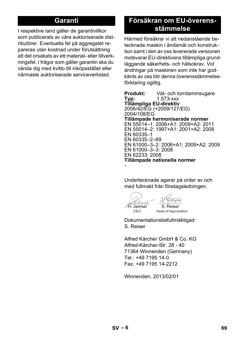 Garanti försäkran om eu-överens- stämmelse | Karcher IVL 50-24-2 User Manual | Page 69 / 192