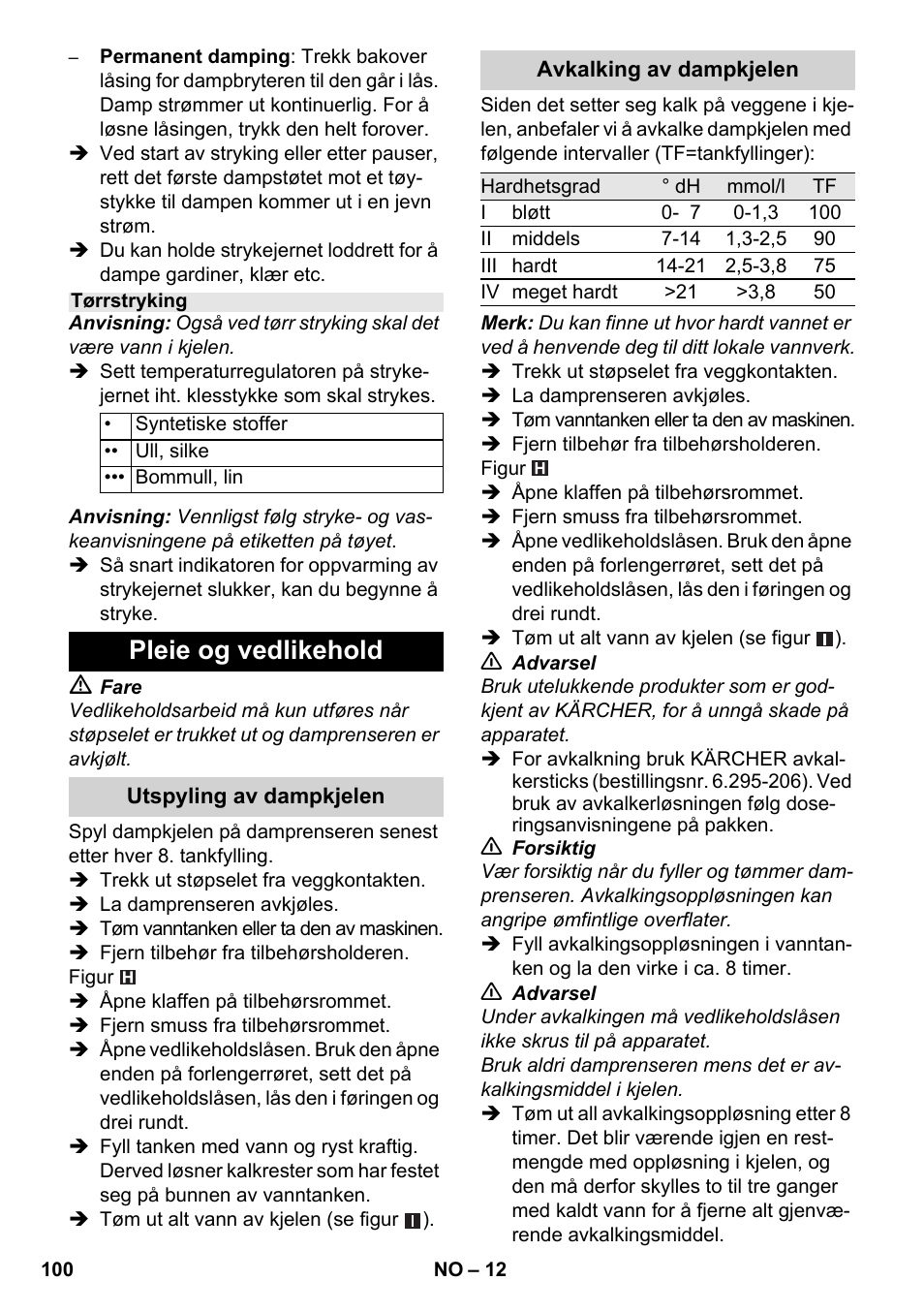 Pleie og vedlikehold | Karcher SC 5-800 C EU User Manual | Page 100 / 326