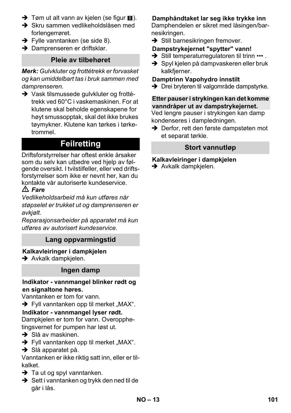 Feilretting | Karcher SC 5-800 C EU User Manual | Page 101 / 326