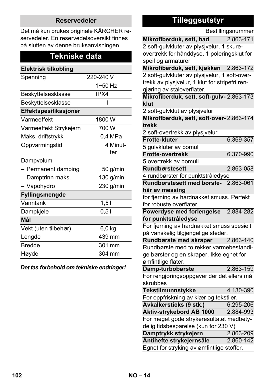 Tekniske data, Tilleggsutstyr | Karcher SC 5-800 C EU User Manual | Page 102 / 326