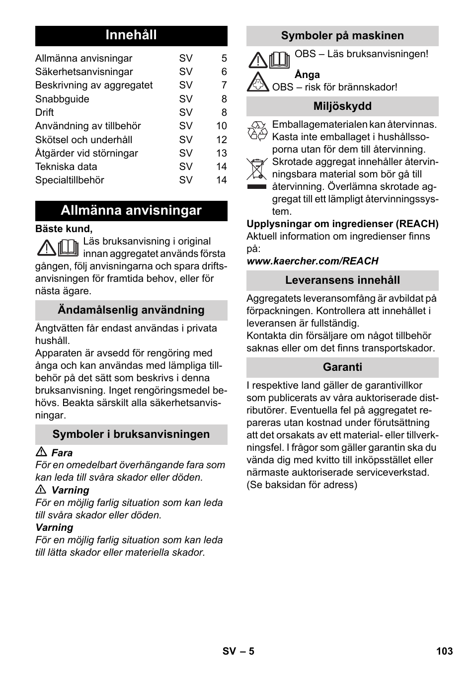 Svenska, Innehåll, Allmänna anvisningar | Karcher SC 5-800 C EU User Manual | Page 103 / 326