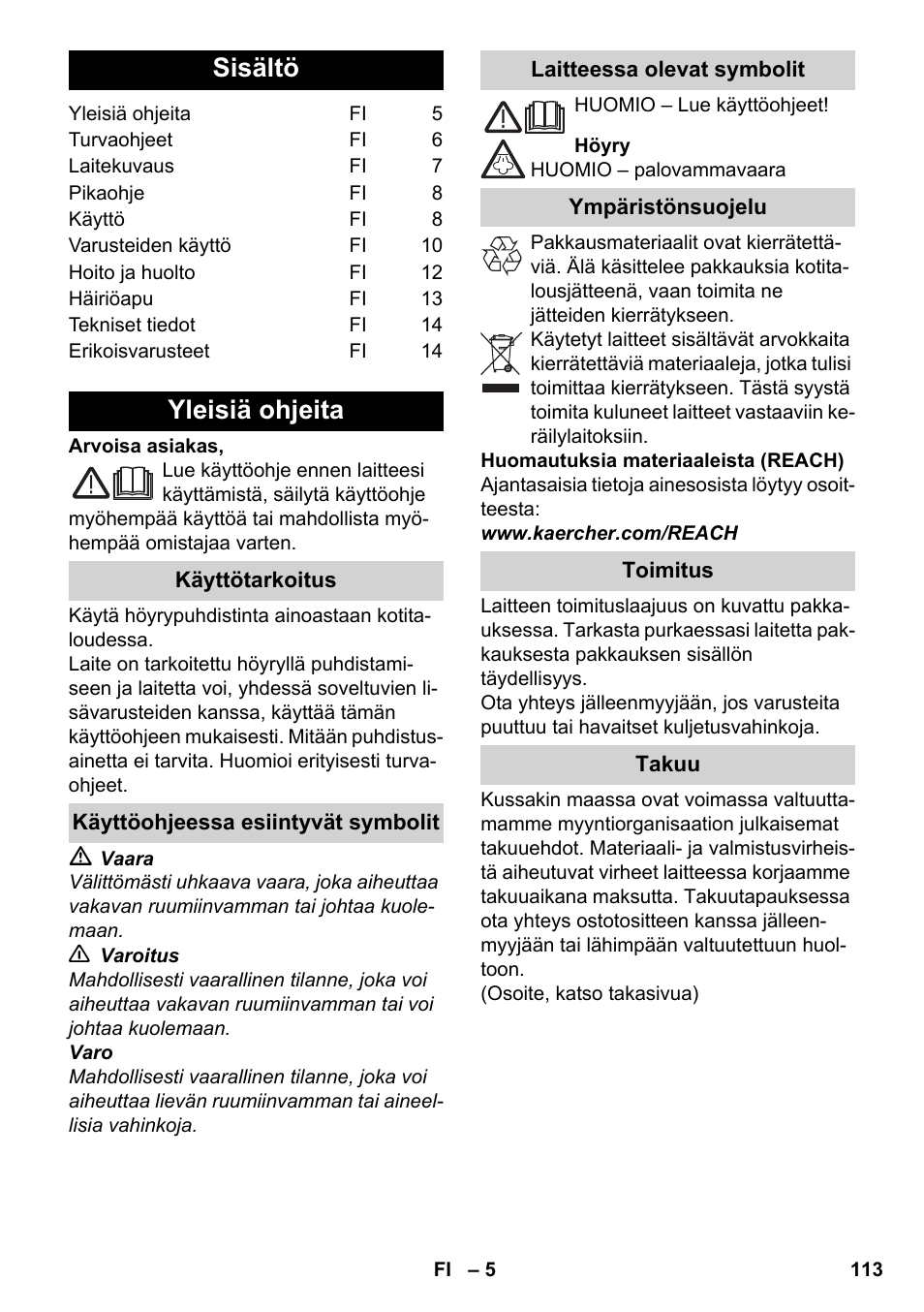 Suomi, Sisältö, Yleisiä ohjeita | Karcher SC 5-800 C EU User Manual | Page 113 / 326