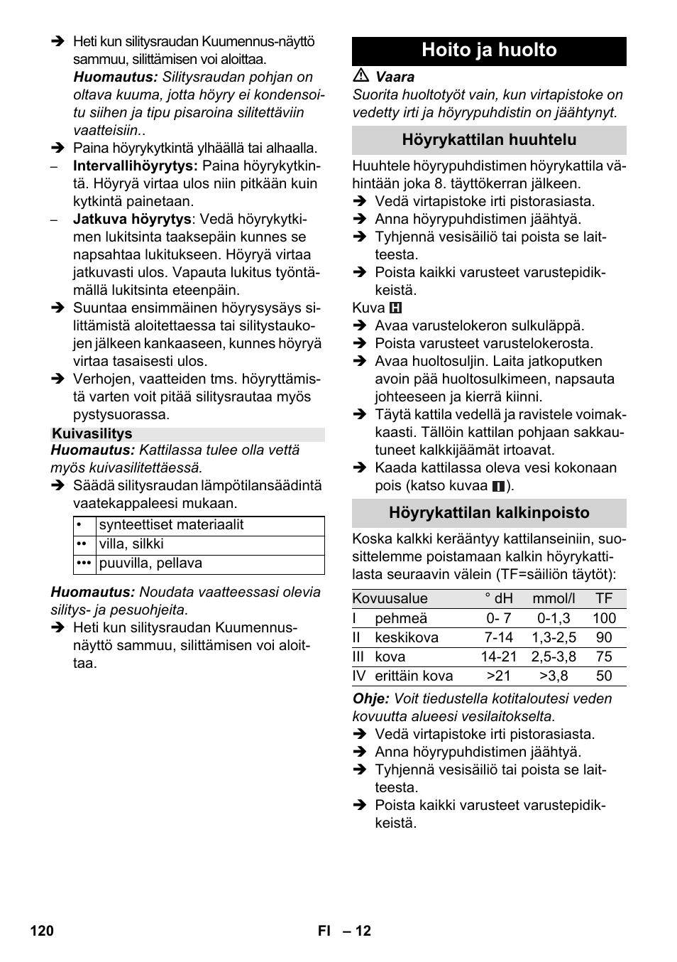 Hoito ja huolto | Karcher SC 5-800 C EU User Manual | Page 120 / 326