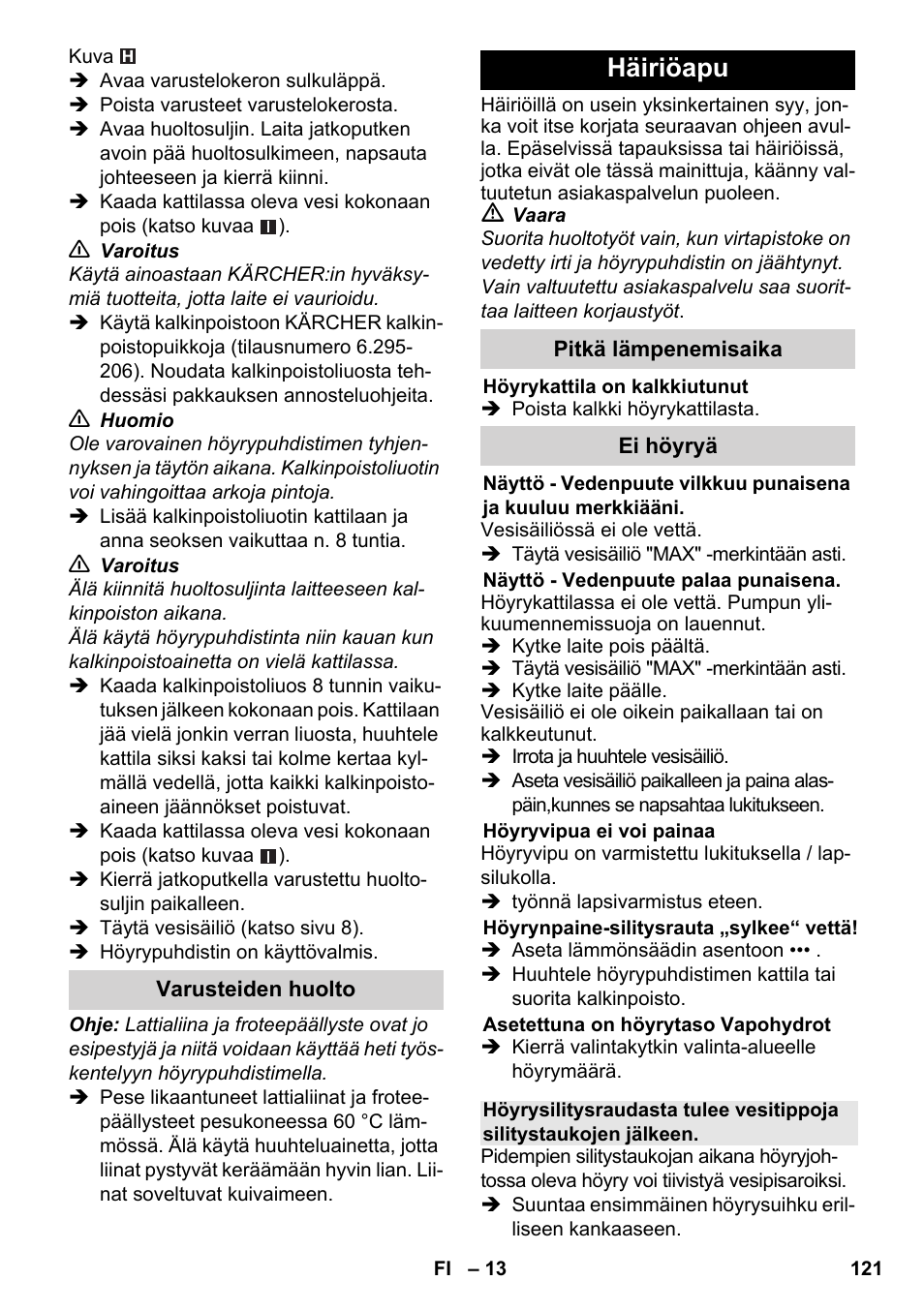 Häiriöapu | Karcher SC 5-800 C EU User Manual | Page 121 / 326