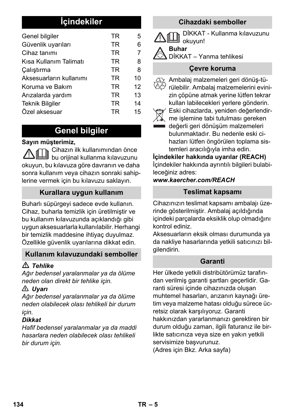 Türkçe, Içindekiler, Genel bilgiler | Karcher SC 5-800 C EU User Manual | Page 134 / 326