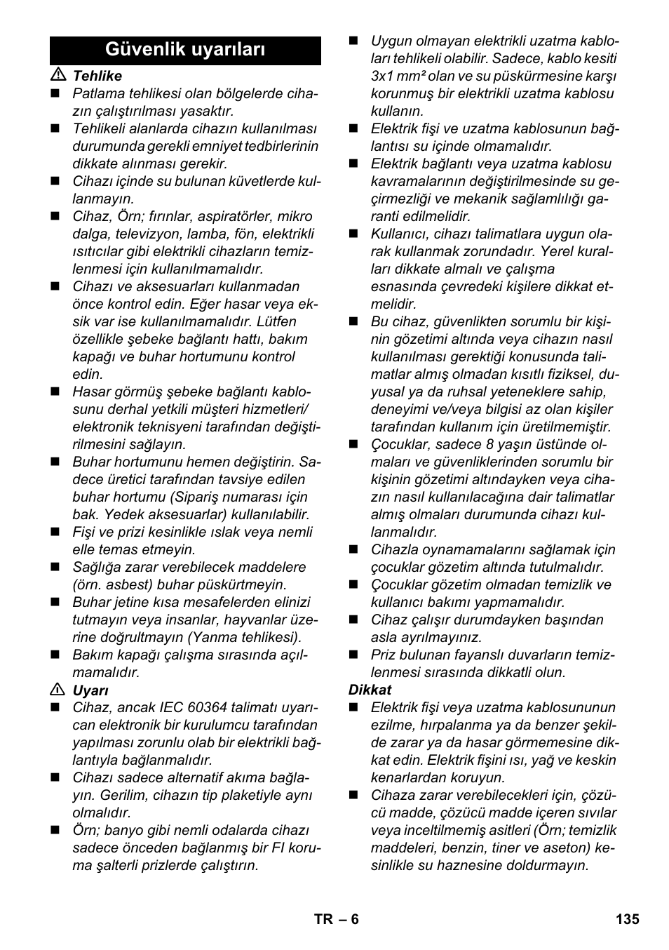 Güvenlik uyarıları | Karcher SC 5-800 C EU User Manual | Page 135 / 326