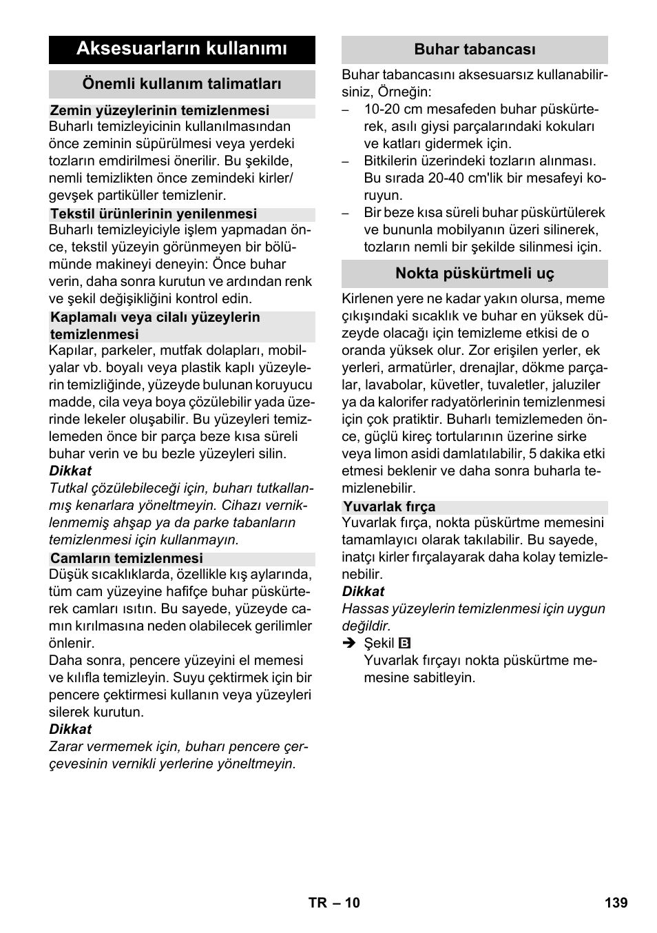 Aksesuarların kullanımı | Karcher SC 5-800 C EU User Manual | Page 139 / 326