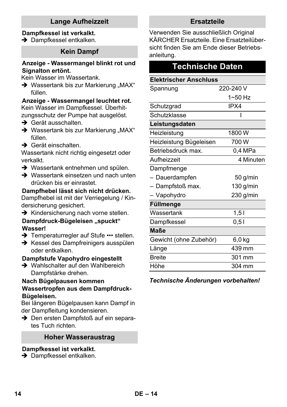 Technische daten | Karcher SC 5-800 C EU User Manual | Page 14 / 326