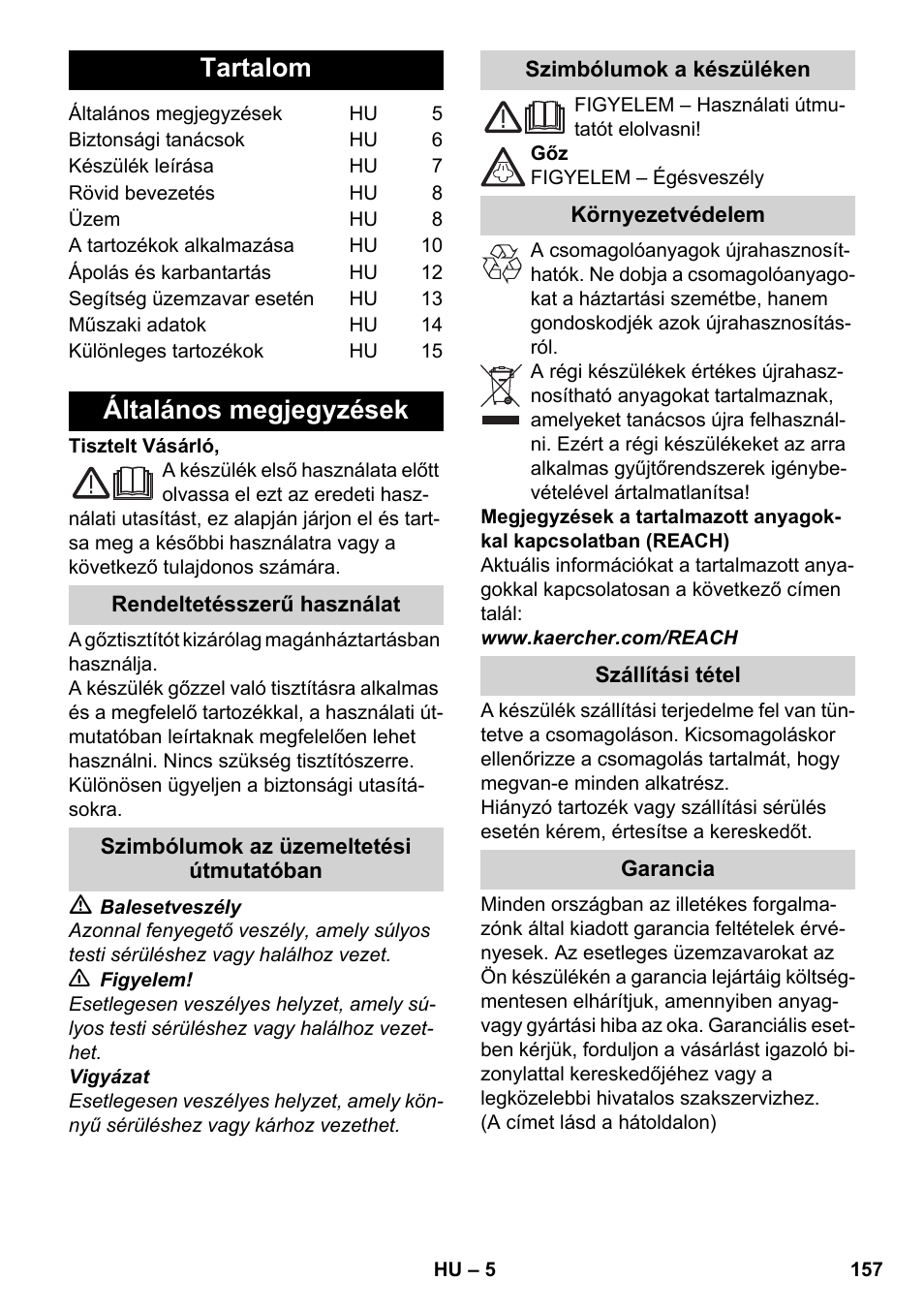 Magyar, Tartalom, Általános megjegyzések | Karcher SC 5-800 C EU User Manual | Page 157 / 326