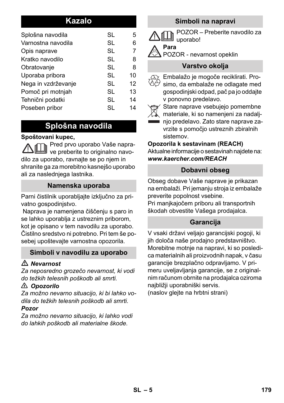 Slovenščina, Kazalo, Splošna navodila | Karcher SC 5-800 C EU User Manual | Page 179 / 326