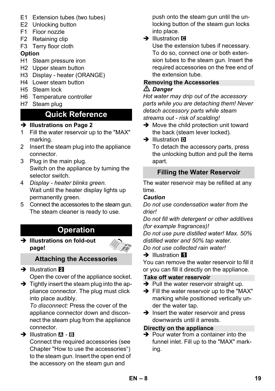 Quick reference operation | Karcher SC 5-800 C EU User Manual | Page 19 / 326