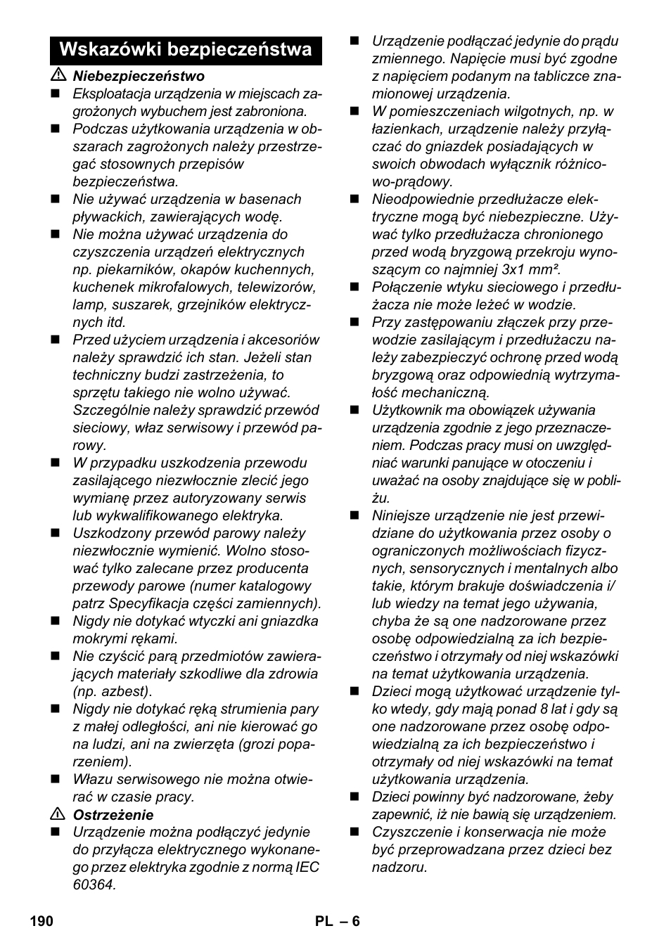 Wskazówki bezpieczeństwa | Karcher SC 5-800 C EU User Manual | Page 190 / 326