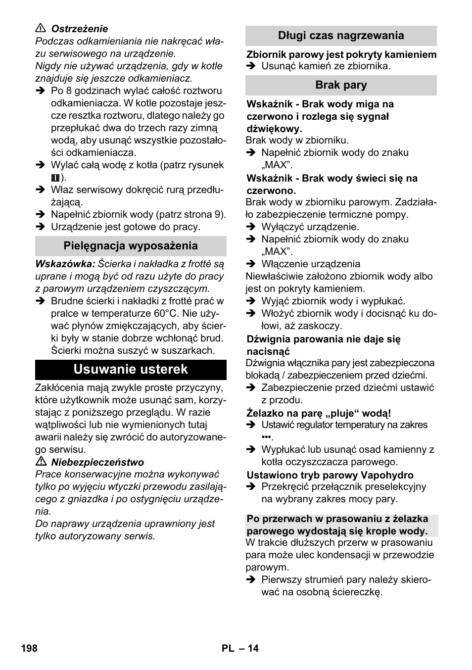 Usuwanie usterek | Karcher SC 5-800 C EU User Manual | Page 198 / 326