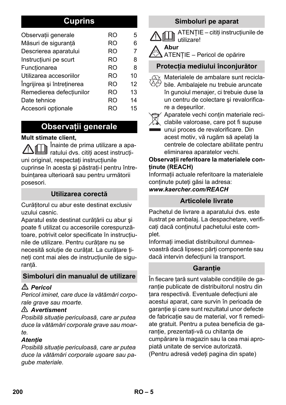 Româneşte, Cuprins, Observaţii generale | Karcher SC 5-800 C EU User Manual | Page 200 / 326