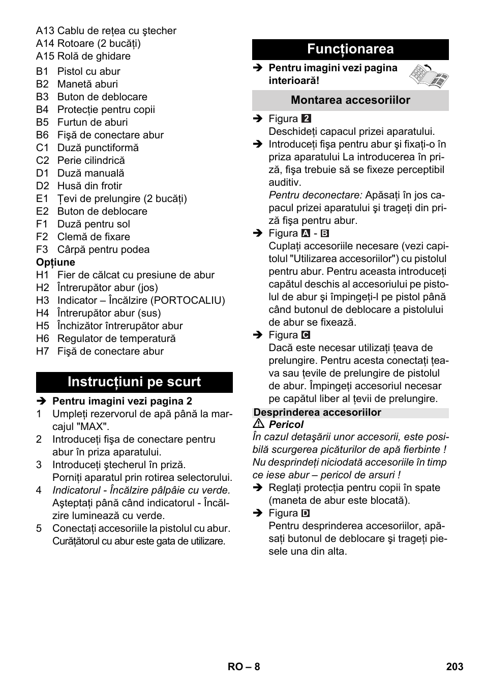 Instrucţiuni pe scurt funcţionarea | Karcher SC 5-800 C EU User Manual | Page 203 / 326