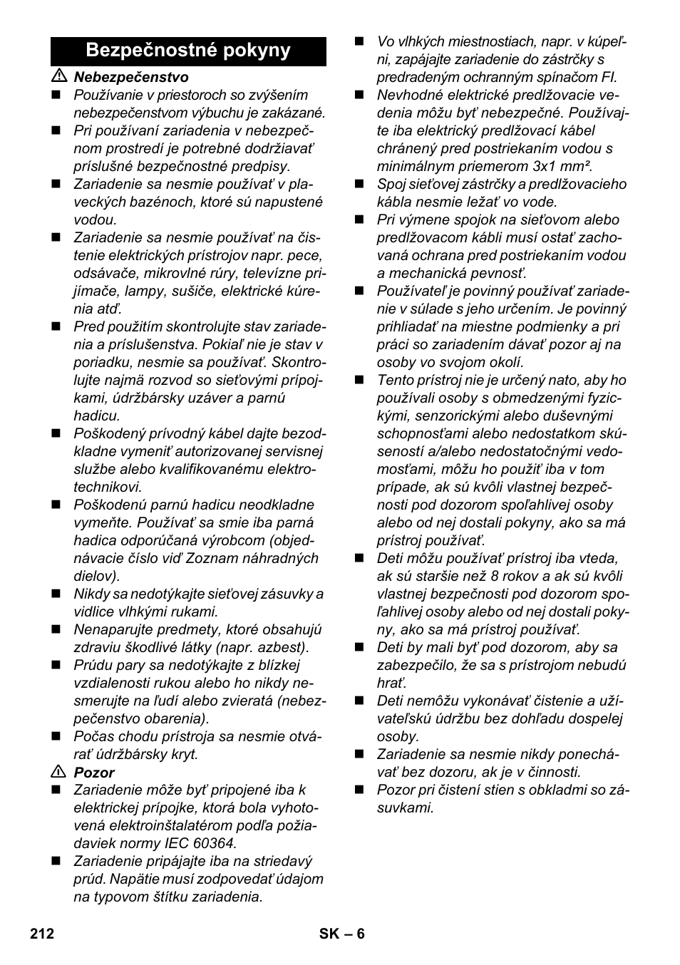Bezpečnostné pokyny | Karcher SC 5-800 C EU User Manual | Page 212 / 326