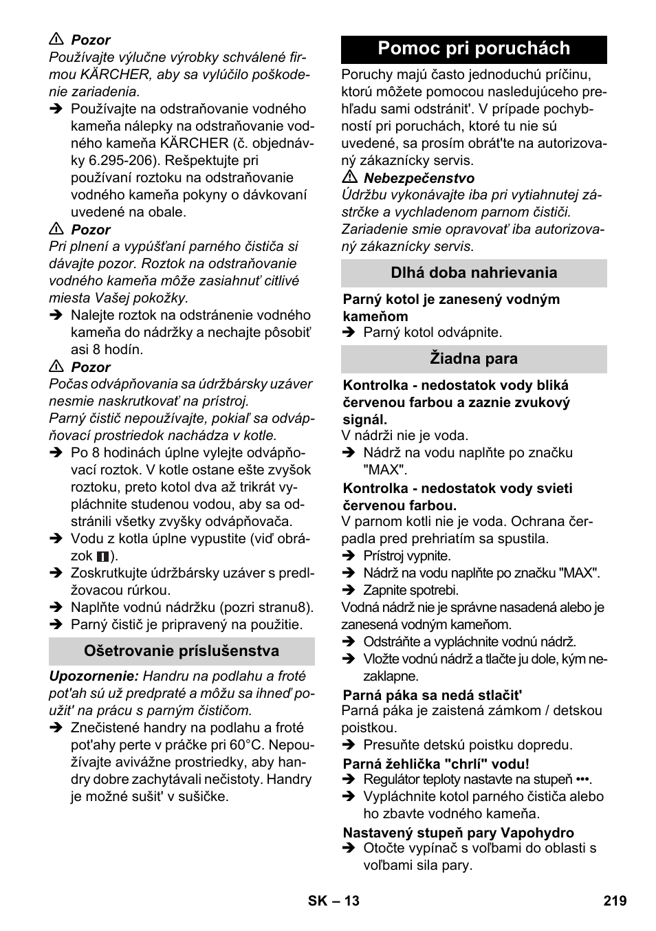 Pomoc pri poruchách | Karcher SC 5-800 C EU User Manual | Page 219 / 326