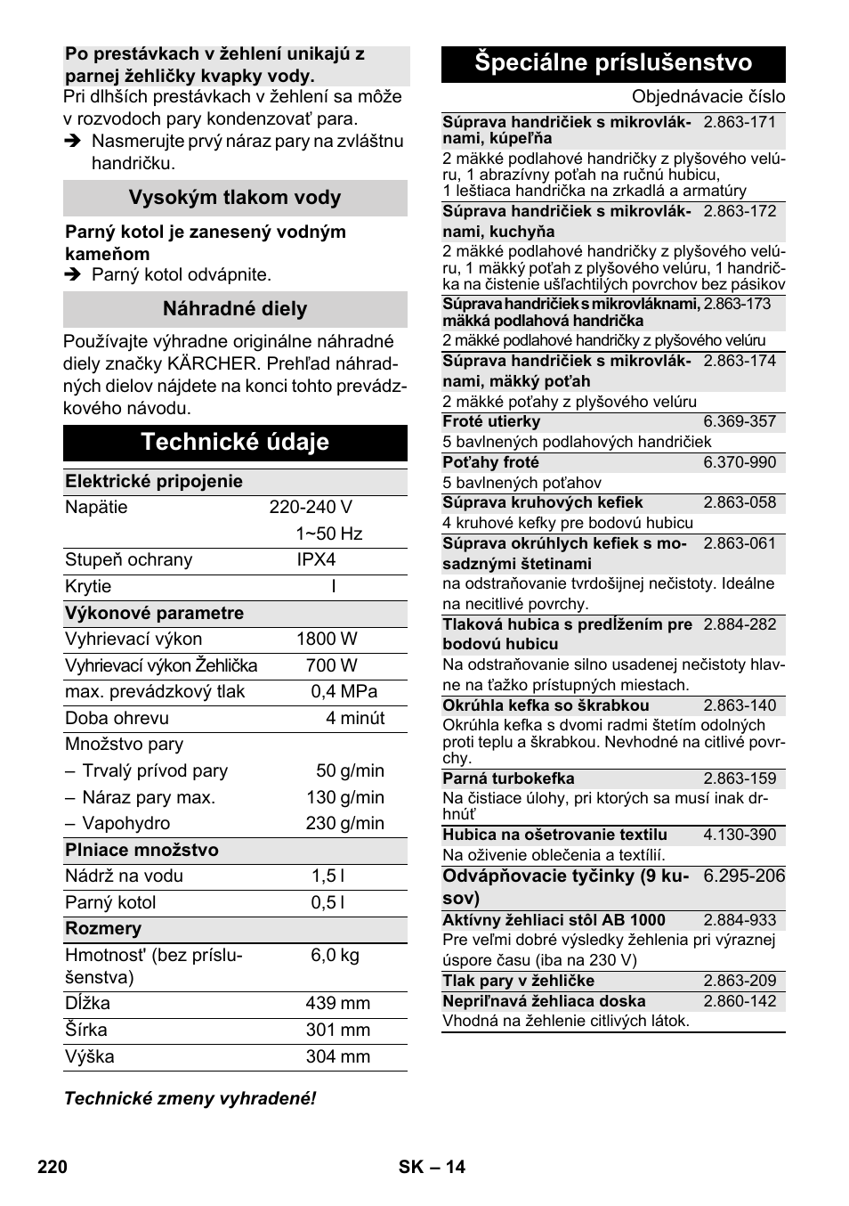 Technické údaje, Špeciálne príslušenstvo | Karcher SC 5-800 C EU User Manual | Page 220 / 326