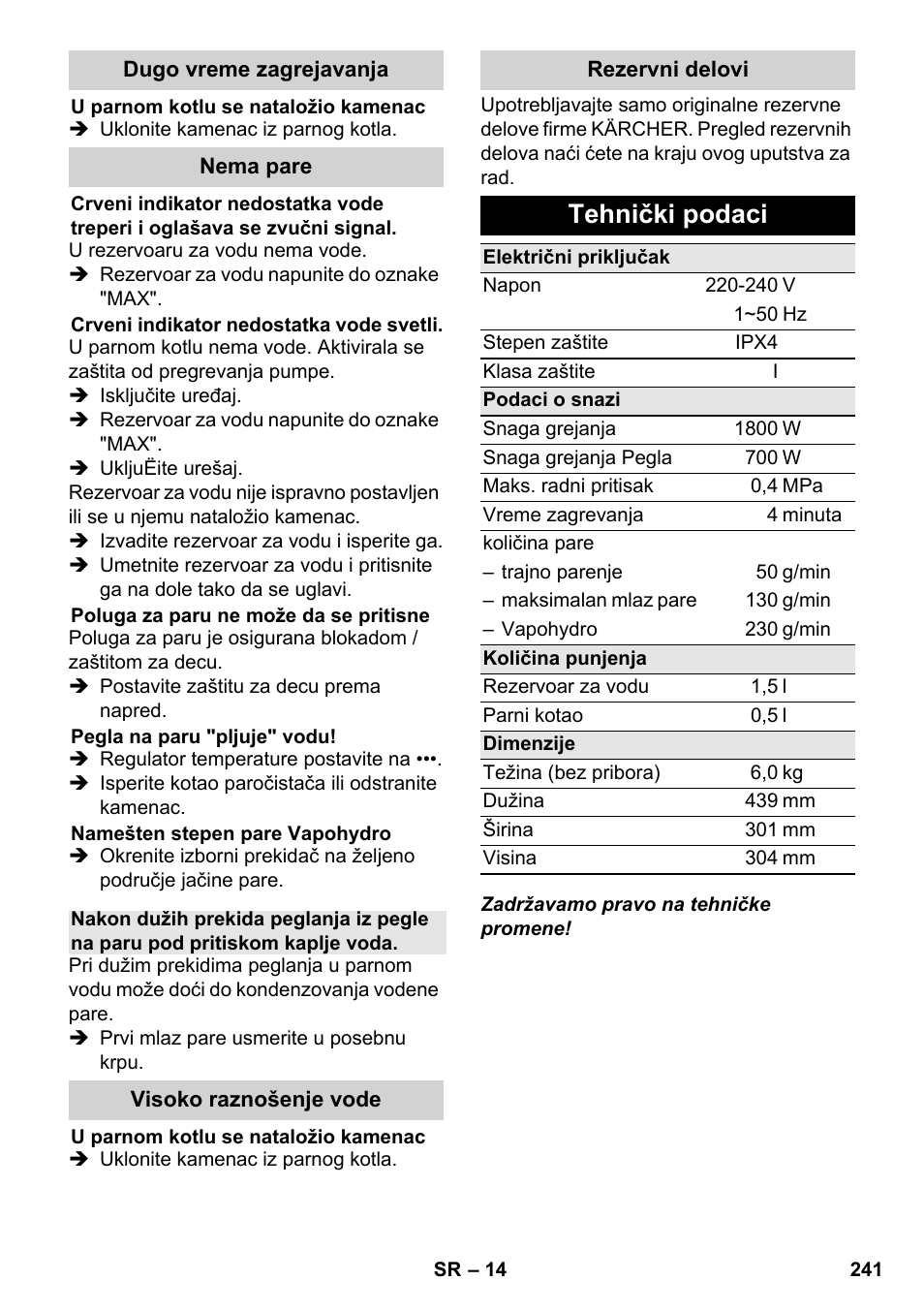 Tehnički podaci | Karcher SC 5-800 C EU User Manual | Page 241 / 326