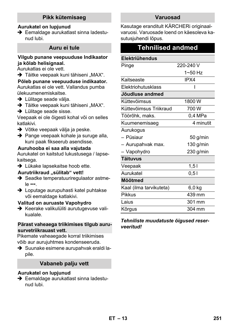 Tehnilised andmed | Karcher SC 5-800 C EU User Manual | Page 251 / 326