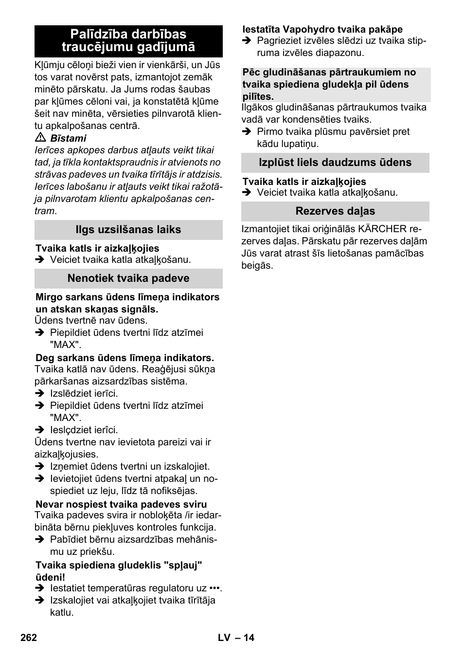 Palīdzība darbības traucējumu gadījumā | Karcher SC 5-800 C EU User Manual | Page 262 / 326