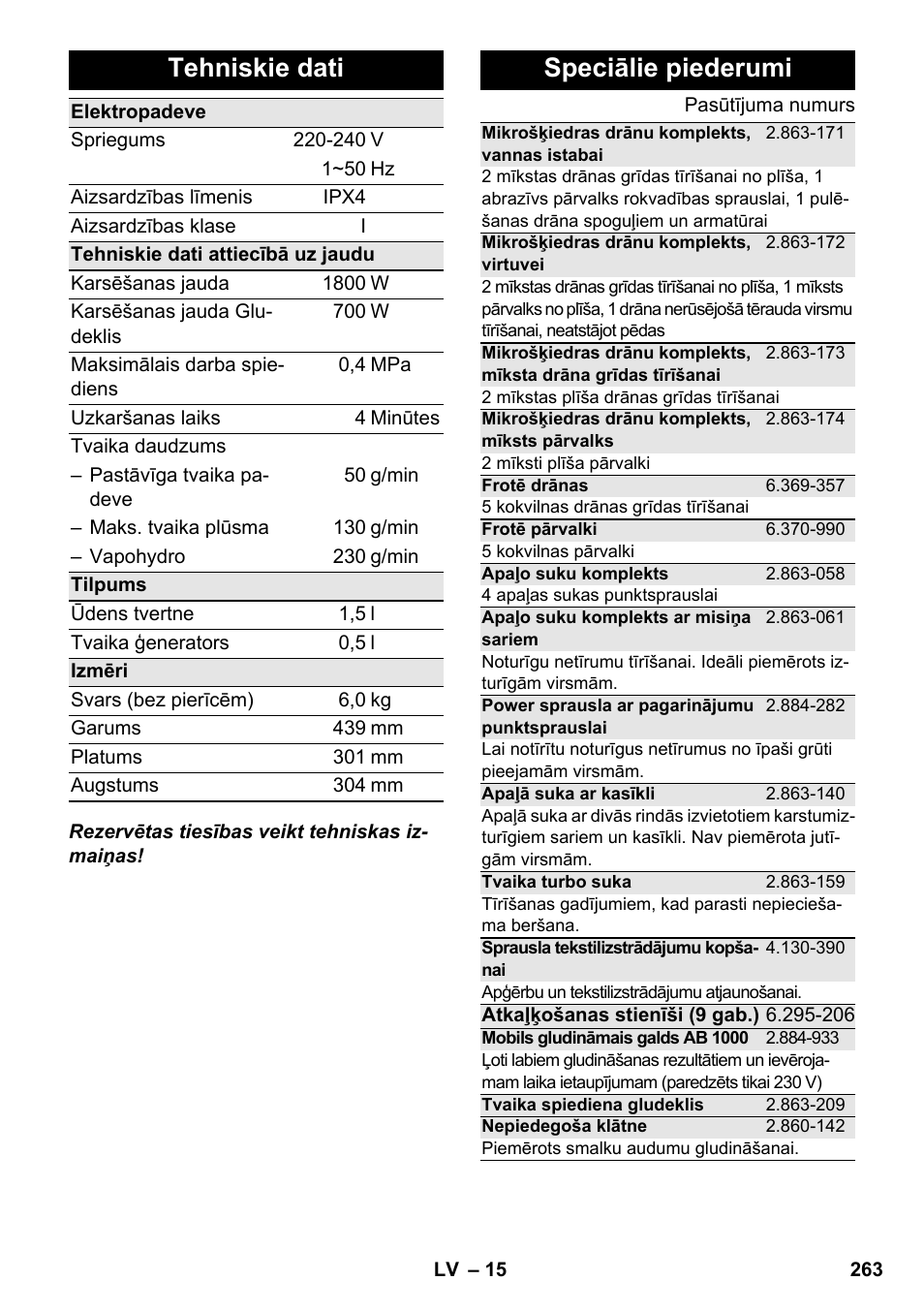 Tehniskie dati, Speciālie piederumi | Karcher SC 5-800 C EU User Manual | Page 263 / 326