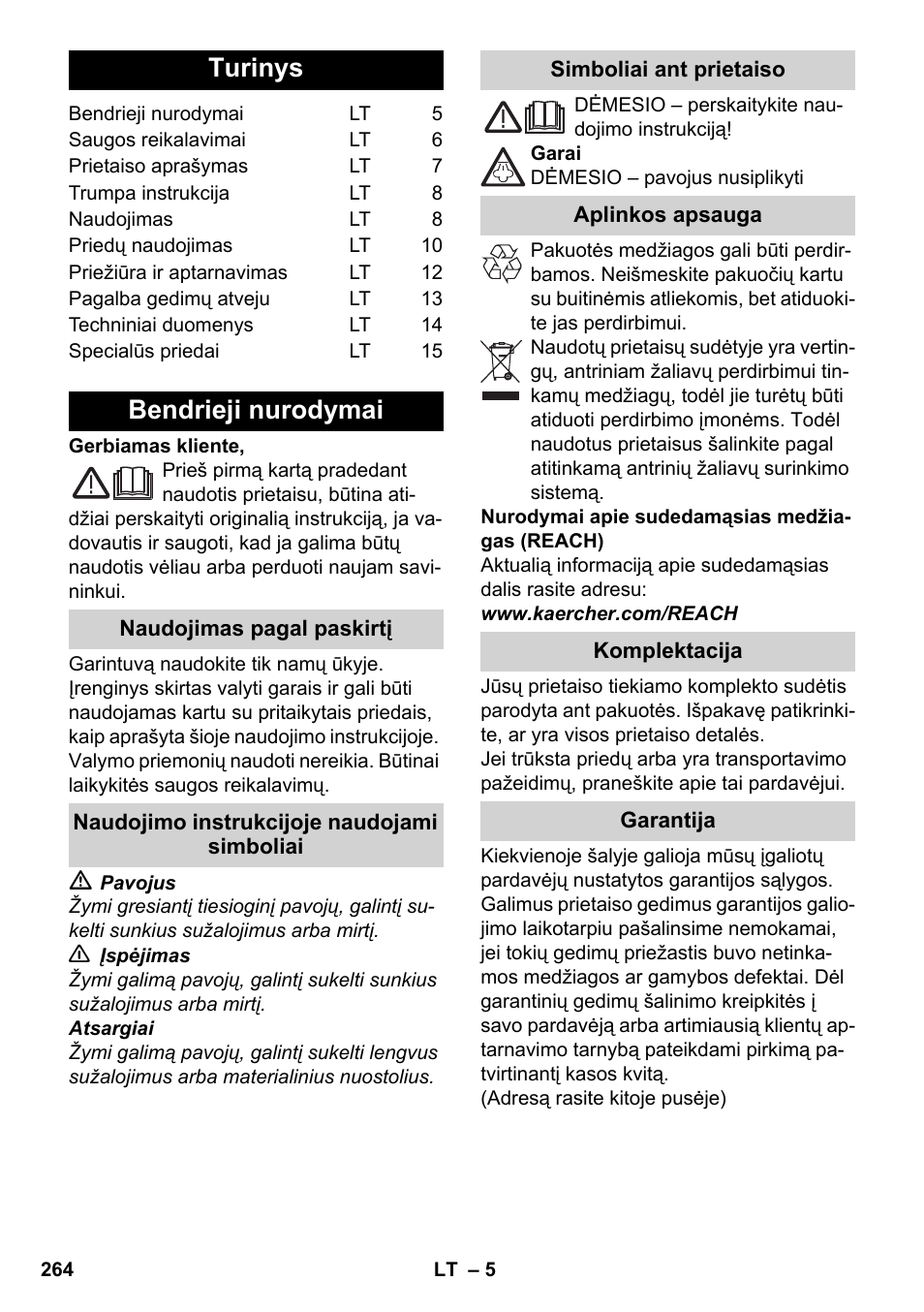 Lietuviškai, Turinys, Bendrieji nurodymai | Karcher SC 5-800 C EU User Manual | Page 264 / 326