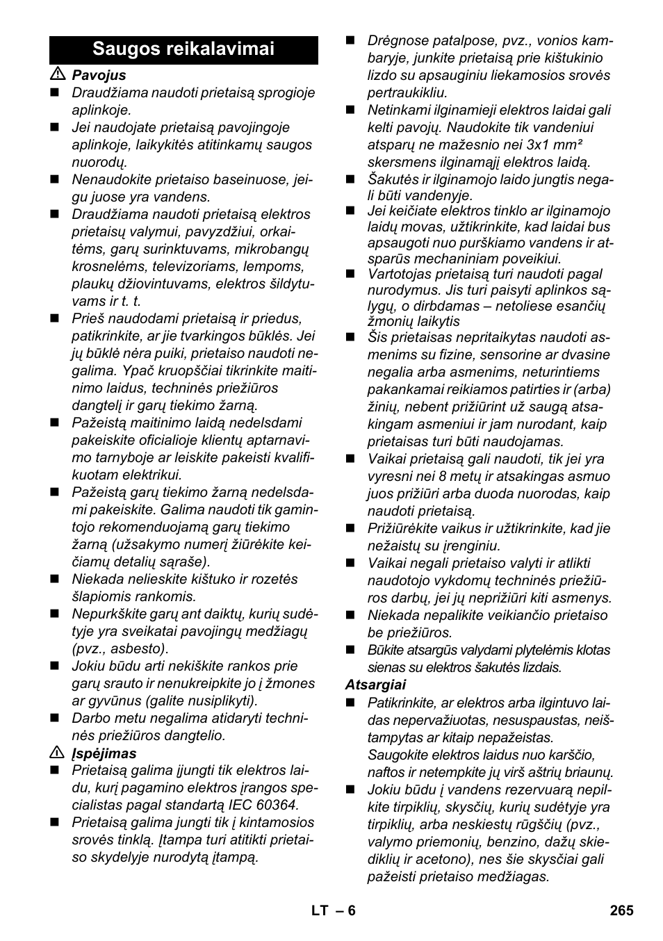 Saugos reikalavimai | Karcher SC 5-800 C EU User Manual | Page 265 / 326