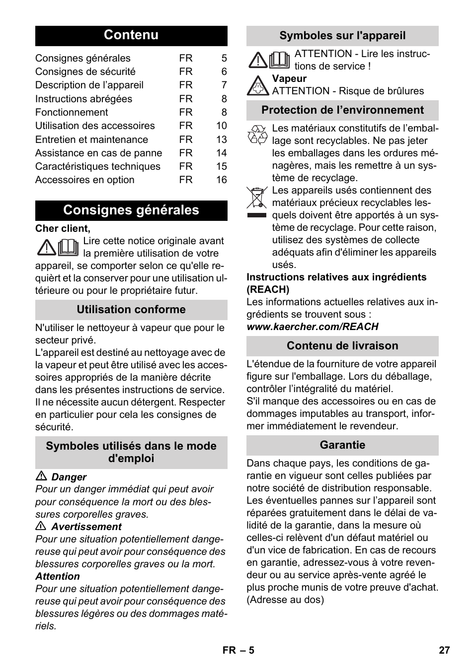 Français, Contenu, Consignes générales | Karcher SC 5-800 C EU User Manual | Page 27 / 326