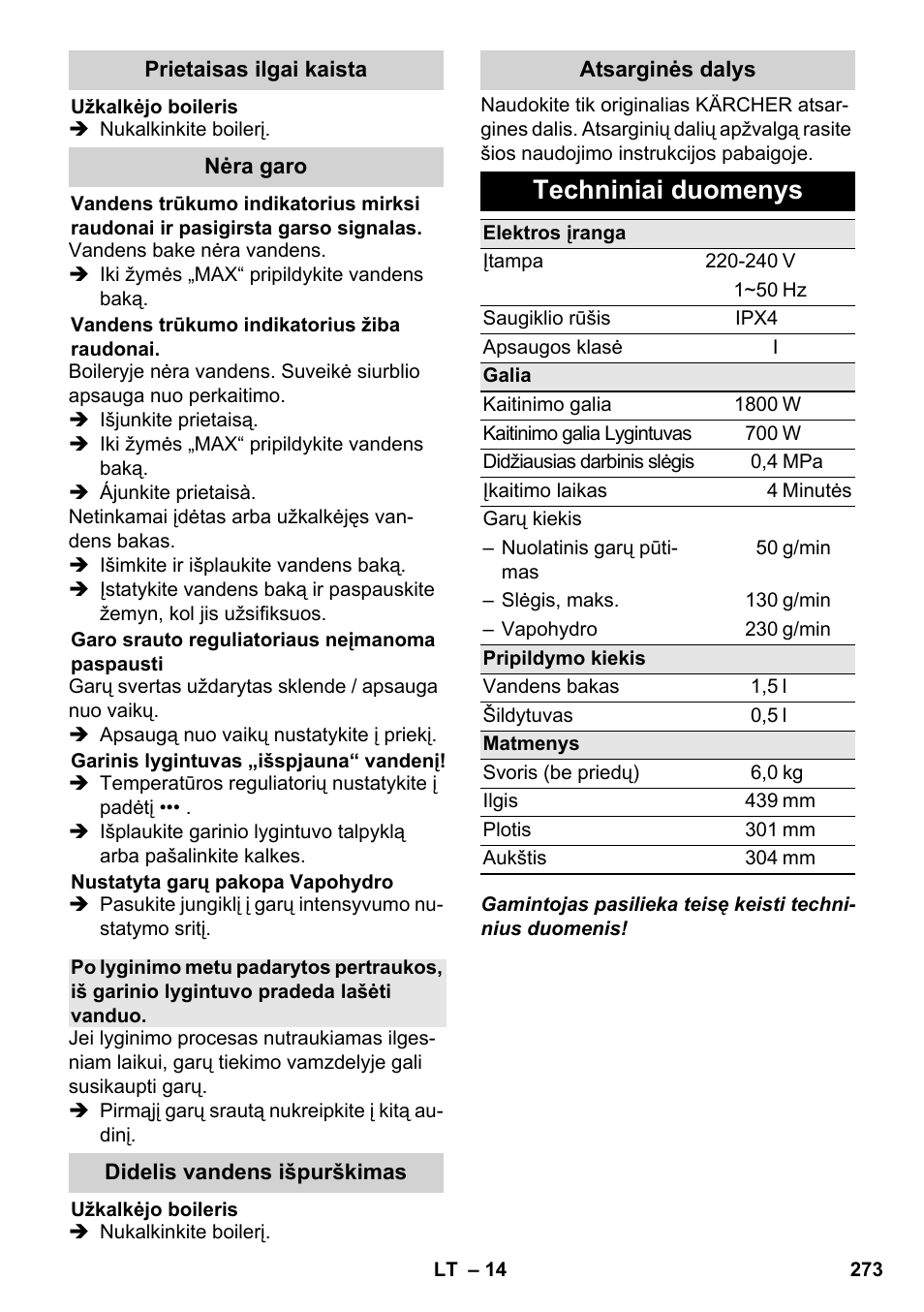 Techniniai duomenys | Karcher SC 5-800 C EU User Manual | Page 273 / 326