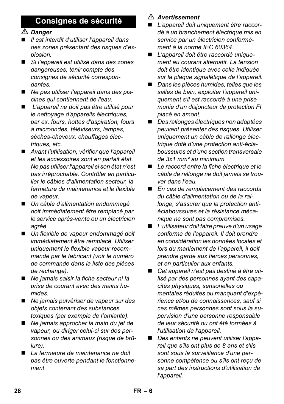 Consignes de sécurité | Karcher SC 5-800 C EU User Manual | Page 28 / 326