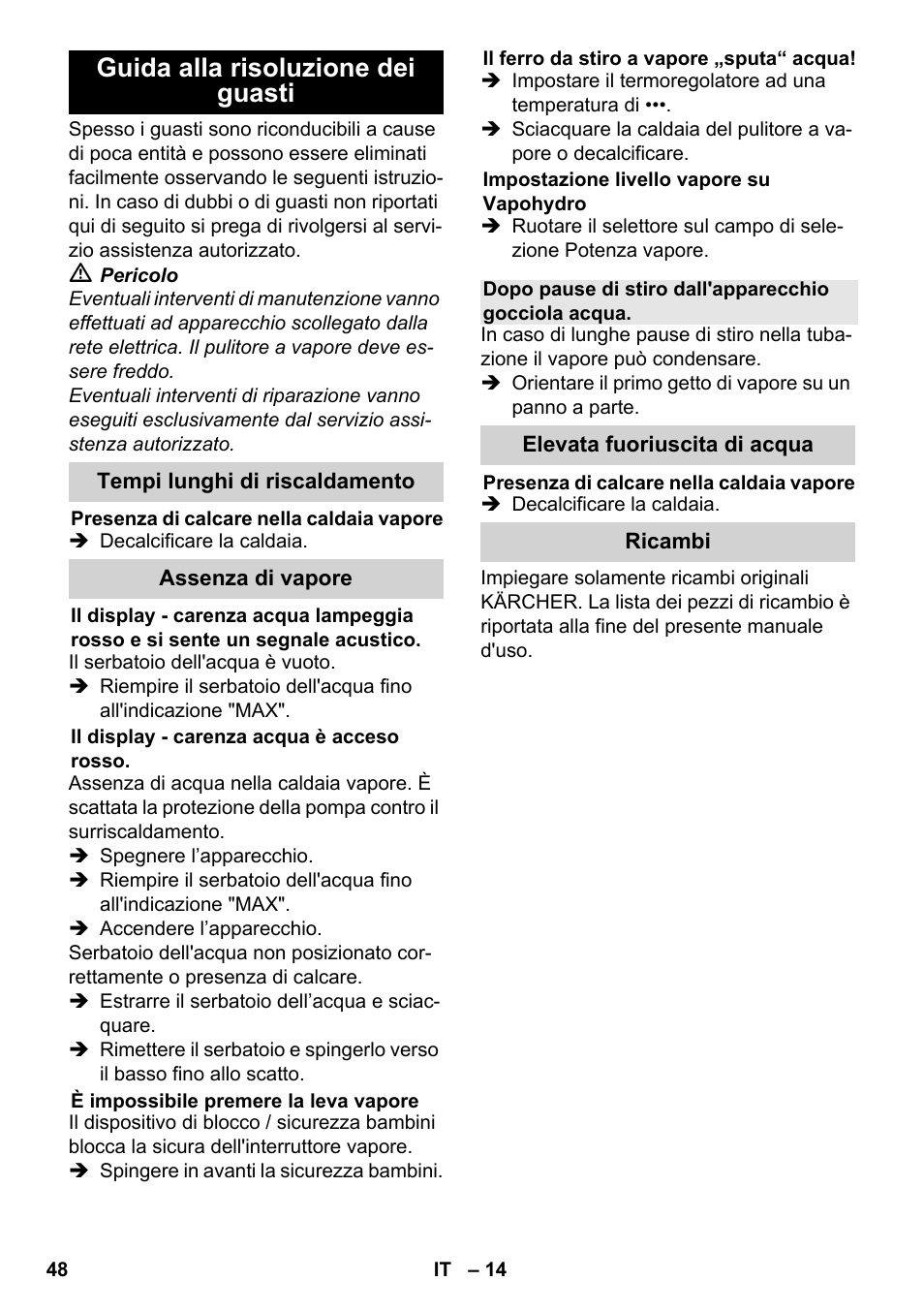 Guida alla risoluzione dei guasti | Karcher SC 5-800 C EU User Manual | Page 48 / 326