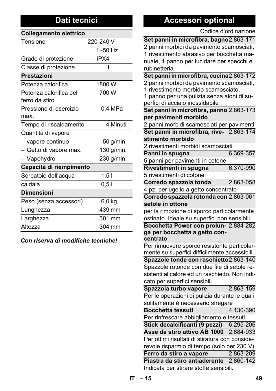 Dati tecnici, Accessori optional | Karcher SC 5-800 C EU User Manual | Page 49 / 326