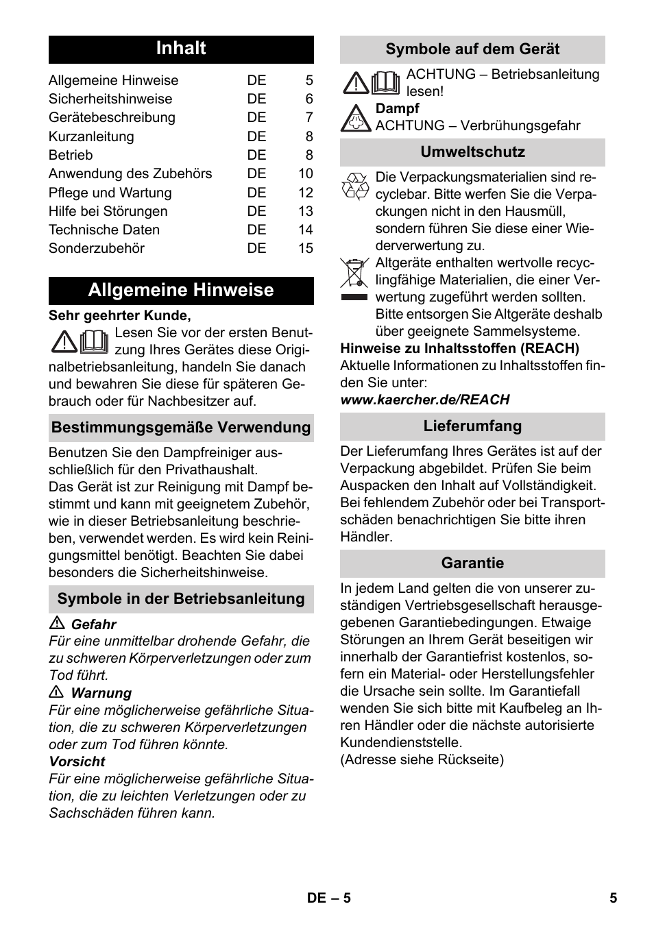 Deutsch, Inhalt, Allgemeine hinweise | Karcher SC 5-800 C EU User Manual | Page 5 / 326