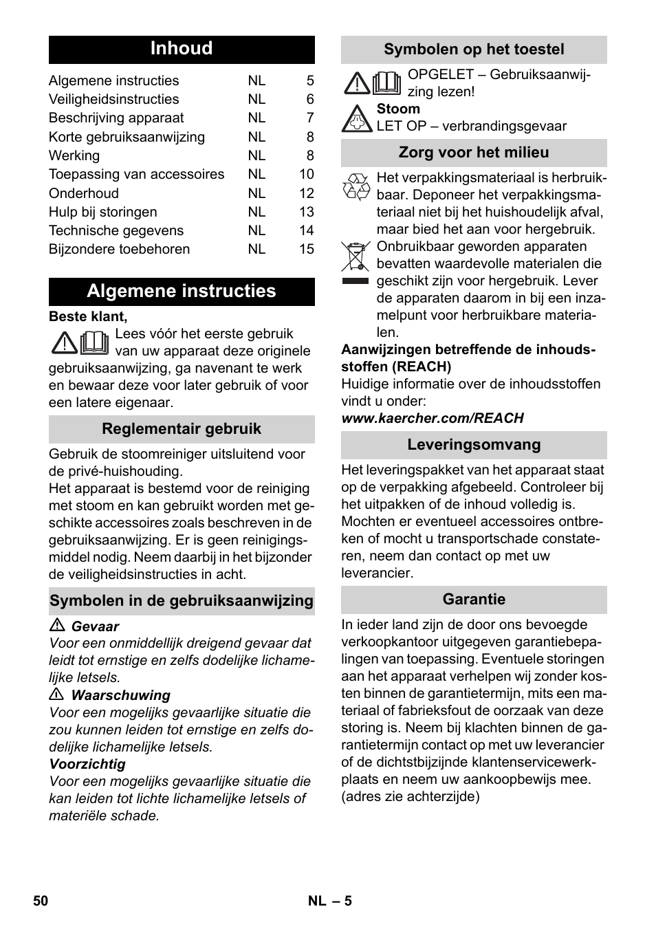 Nederlands, Inhoud, Algemene instructies | Karcher SC 5-800 C EU User Manual | Page 50 / 326