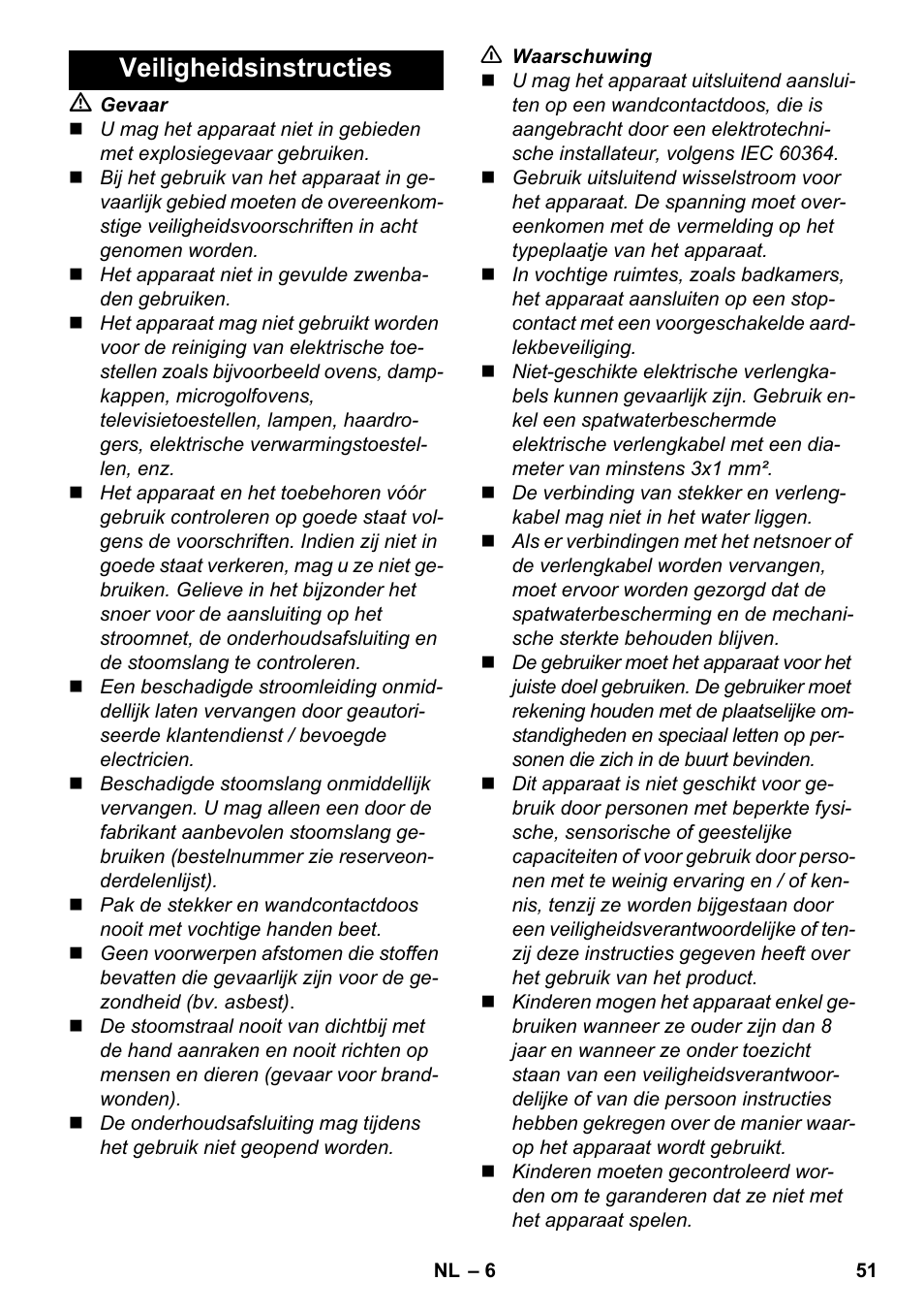Veiligheidsinstructies | Karcher SC 5-800 C EU User Manual | Page 51 / 326