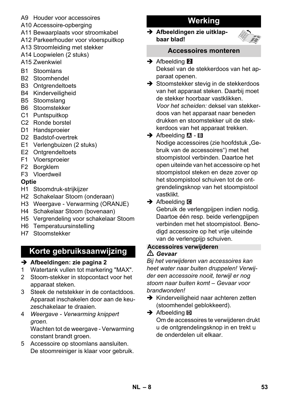 Korte gebruiksaanwijzing werking | Karcher SC 5-800 C EU User Manual | Page 53 / 326