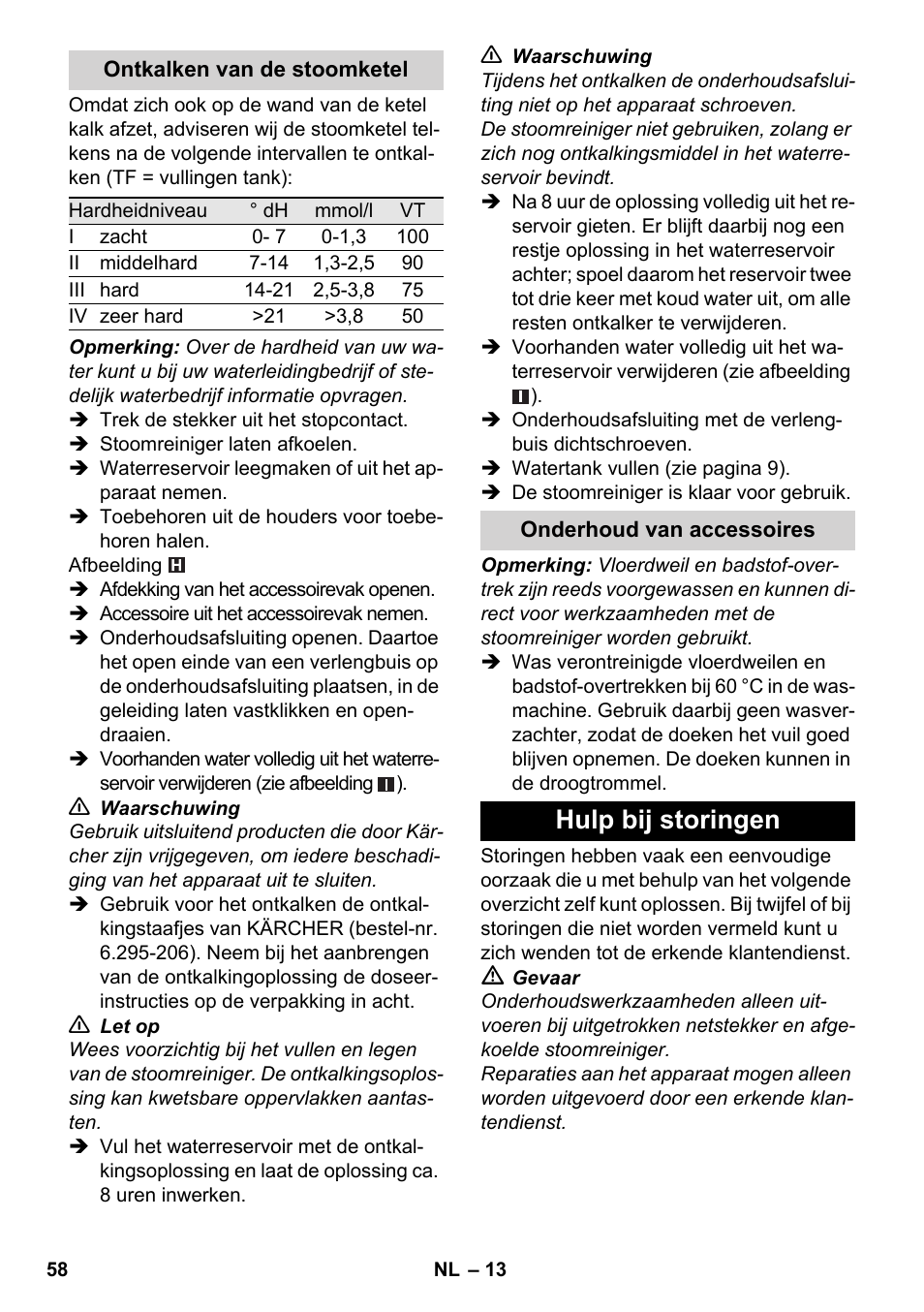 Hulp bij storingen | Karcher SC 5-800 C EU User Manual | Page 58 / 326